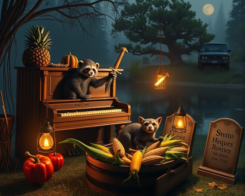 wagon, pinecone, raccoon, piano, pineapple, bucket, monkey, sword, mickey mouse, rabbit, dinosaur, corn, lantern, cushion, bottle, bell pepper, anteater, box, lake, car, tombstone